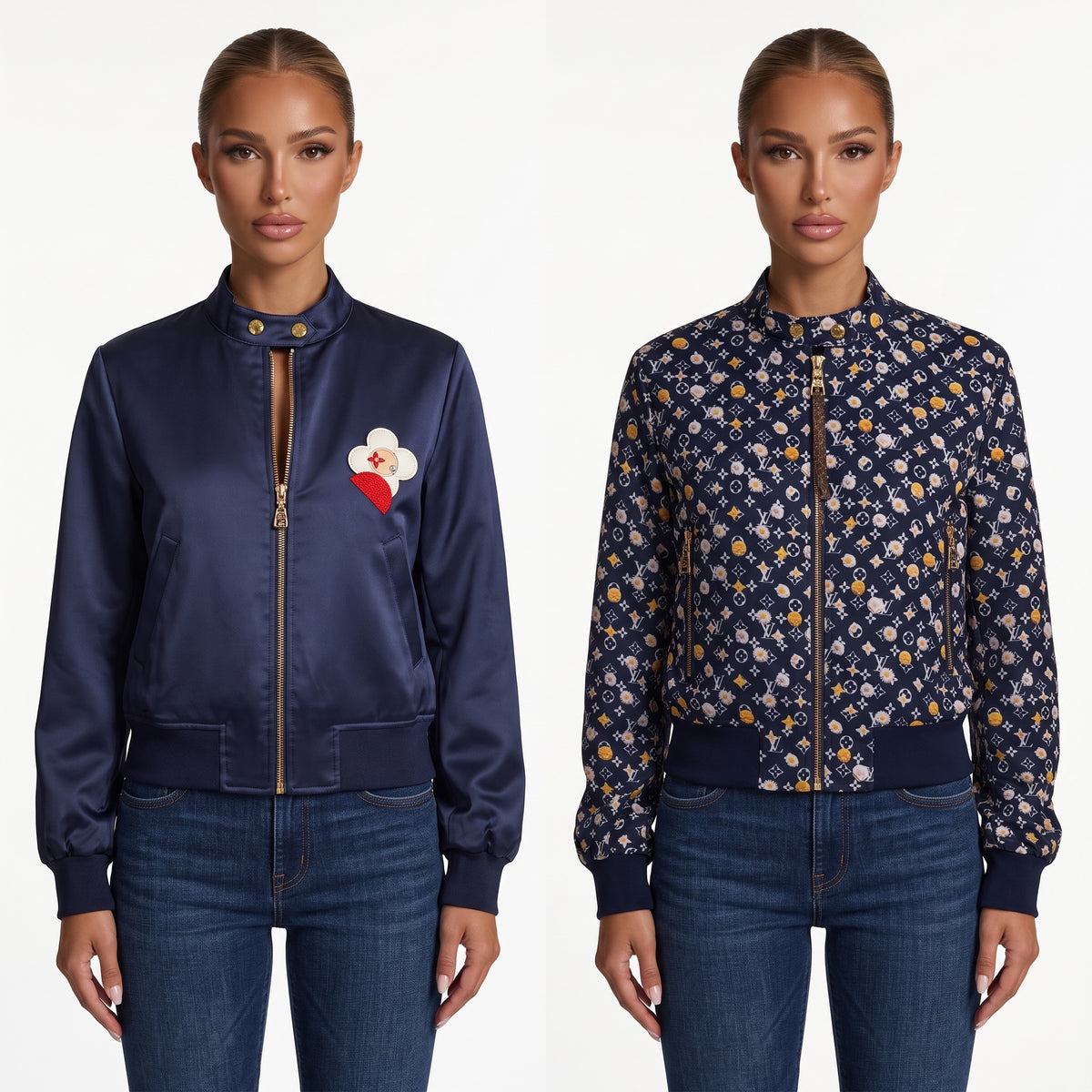 Louis Vuitton navy bomber jacket with floral monogram print and flower patch