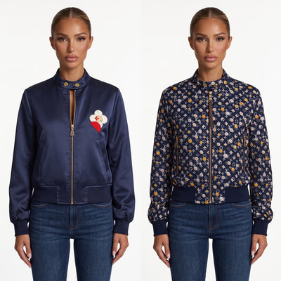 Louis Vuitton navy bomber jacket with floral monogram print and flower patch