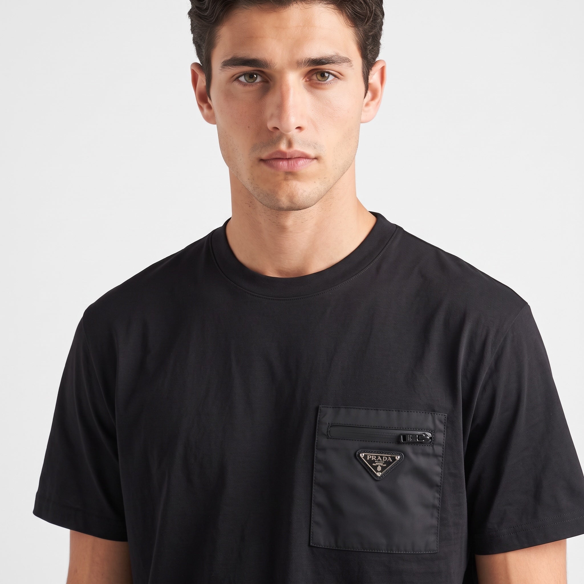Black Prada crew-neck T-shirt with nylon front pocket and triangular metal logo