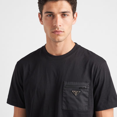 Black Prada crew-neck T-shirt with nylon front pocket and triangular metal logo