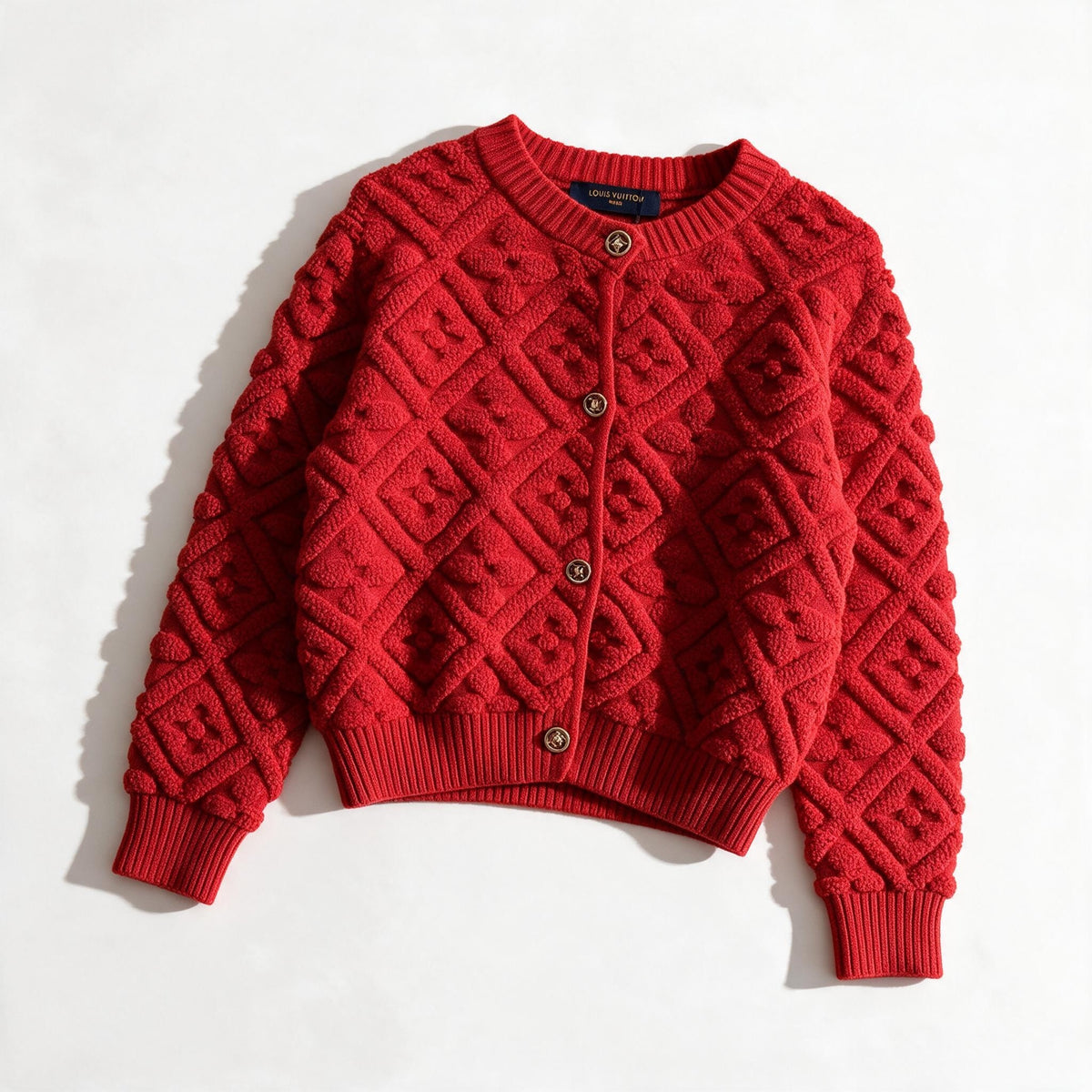 red Louis Vuitton textured knit cardigan with gold buttons