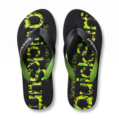 QuickSurf black flip flops with neon green camo footbed and branded strap