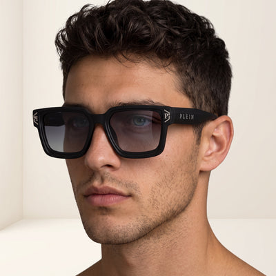 black oversized square Plein sunglasses with gradient lenses and metal logo on temple