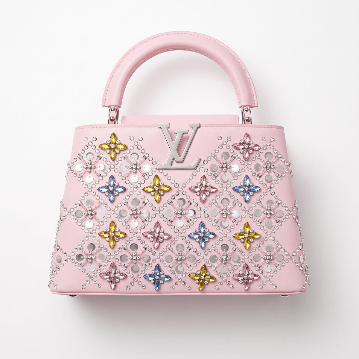 Pink Louis Vuitton Capucines Mini top-handle bag with crystal and sequin embellishments