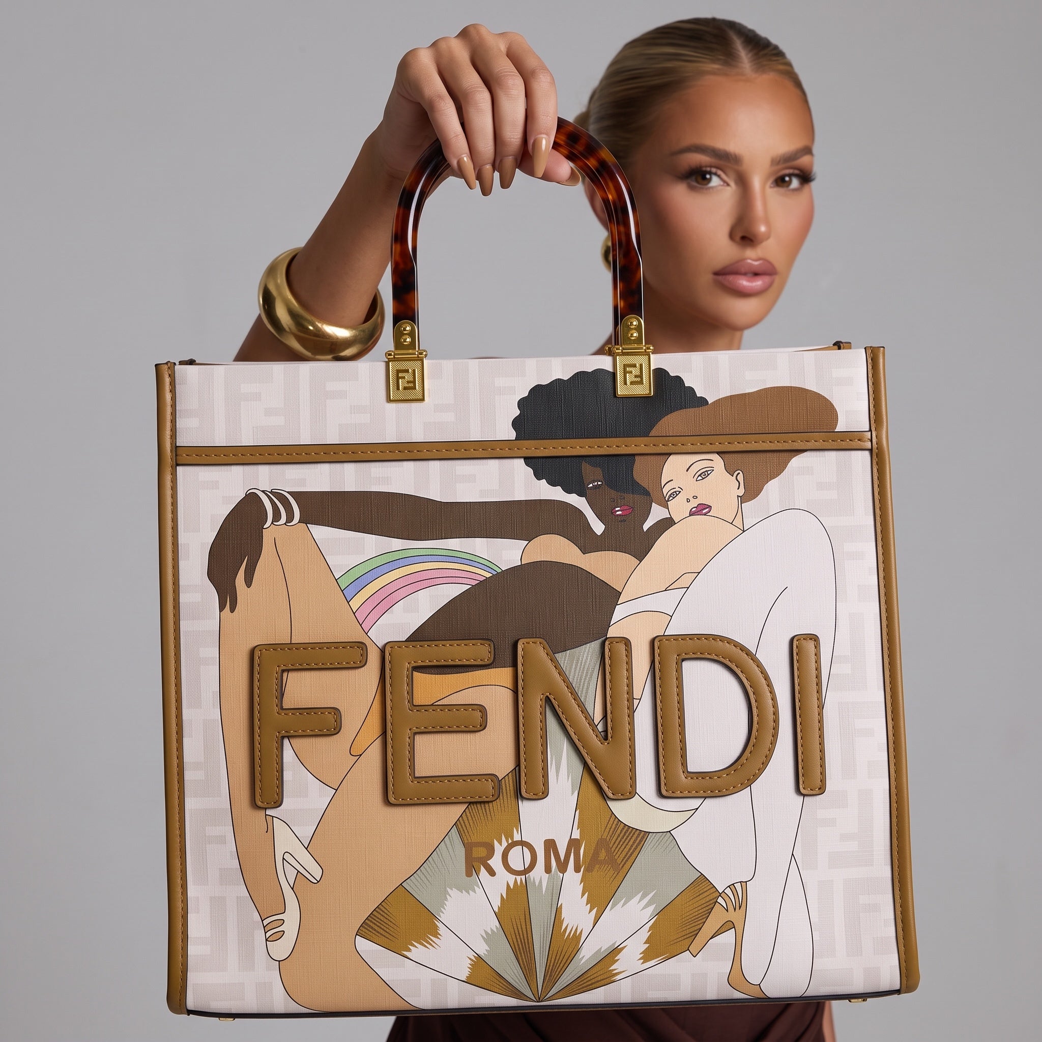 Fendi large printed tote with tortoiseshell handles and raised FENDI logo