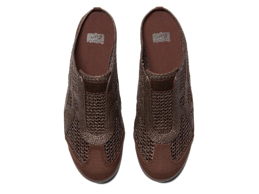Onitsuka Tiger brown open-knit slip-on mule shoe shown from multiple angles