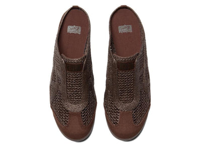 Onitsuka Tiger brown open-knit slip-on mule shoe shown from multiple angles