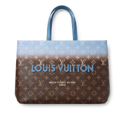 Louis Vuitton monogram tote with blue-to-brown gradient and blue logo letters