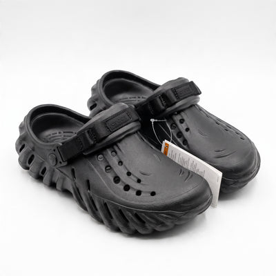 black Crocs clogs with adjustable strap and ventilated upper