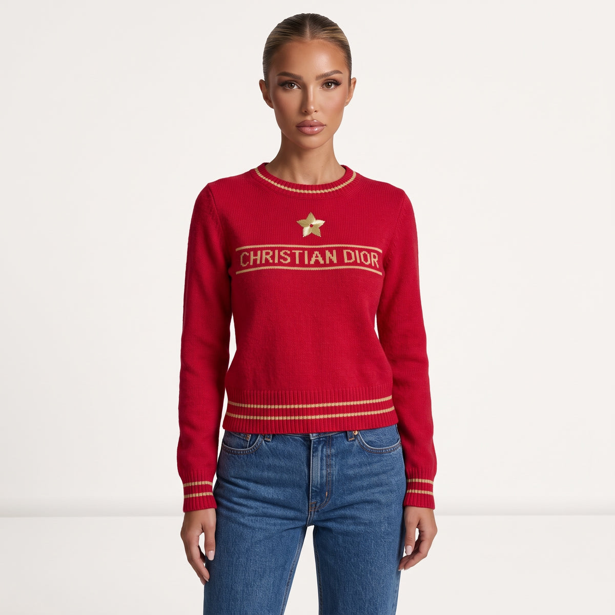 Red Christian Dior crewneck sweater with gold star and logo