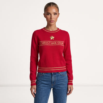 Red Christian Dior crewneck sweater with gold star and logo