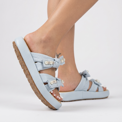 Pearl Bow Comfort Slides – Baby Blue 🩵✨
