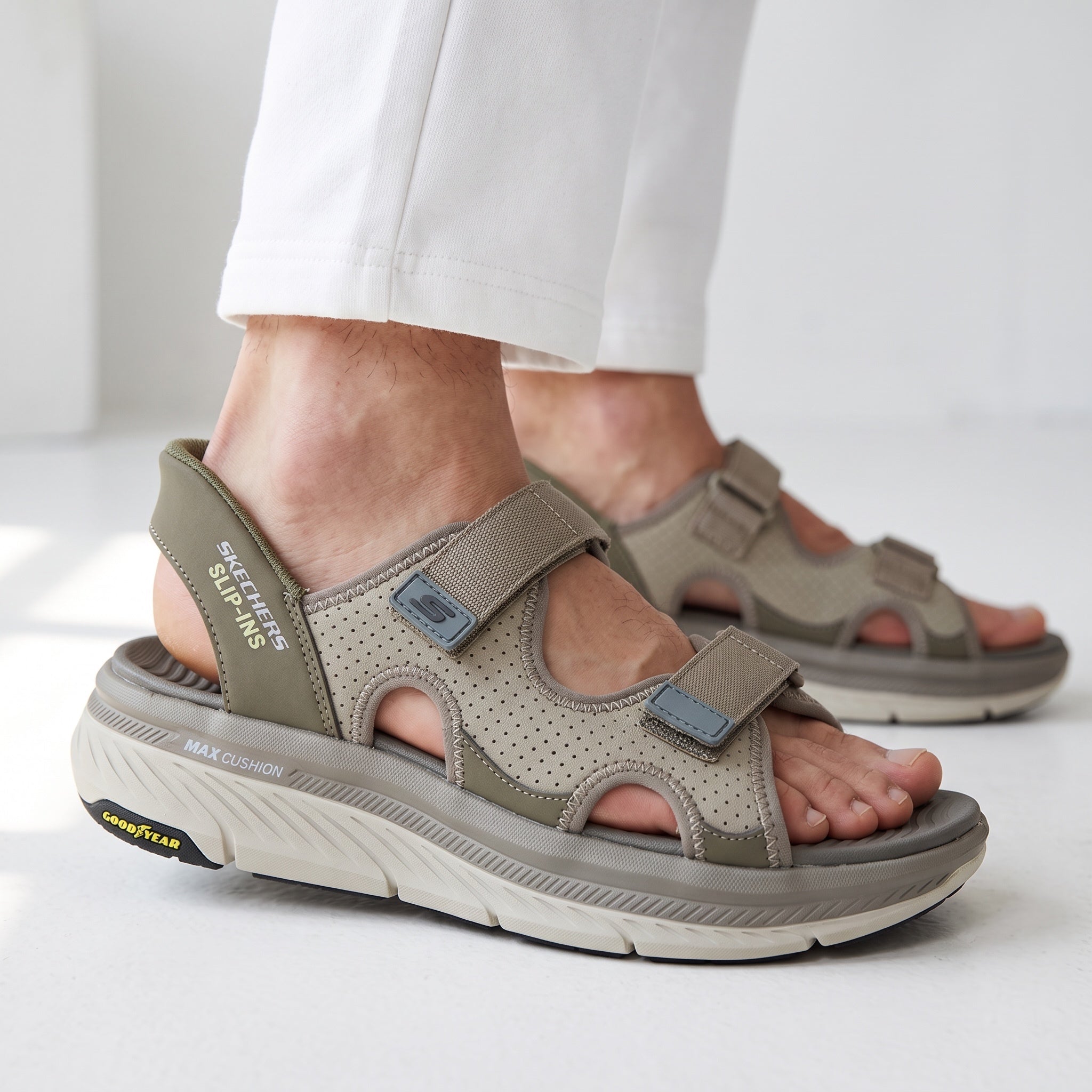 Skechers taupe sport sandals with chunky cushioned sole and hook-and-loop straps