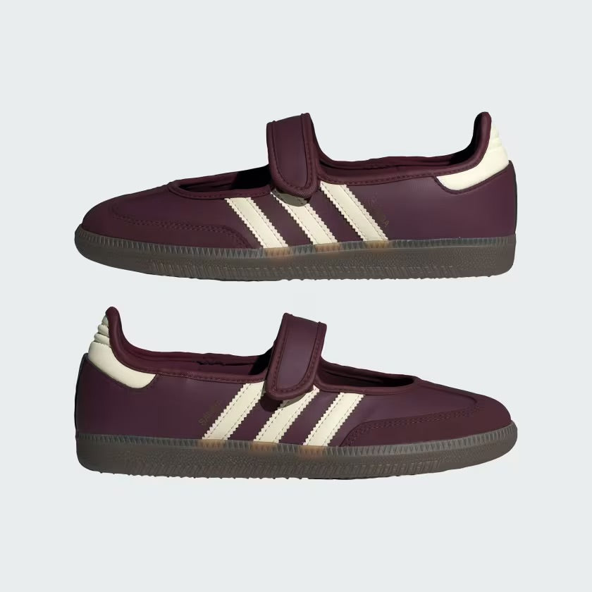 maroon adidas samba mary jane sneaker with cream three stripes and velcro strap