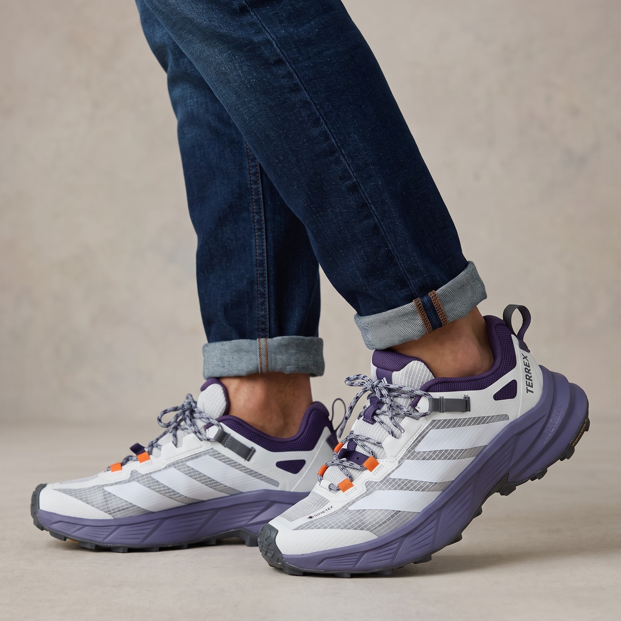 Adidas Terrex white and purple trail sneakers with Gore-Tex and lugged sole