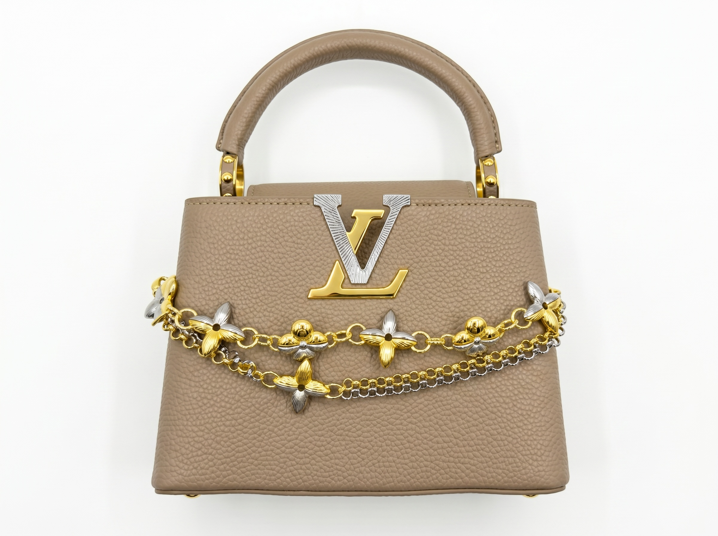 ✨ Louis Vuitton Capucines Mini Beige Leather Bag with Floral Chain Charm 🤎🌸