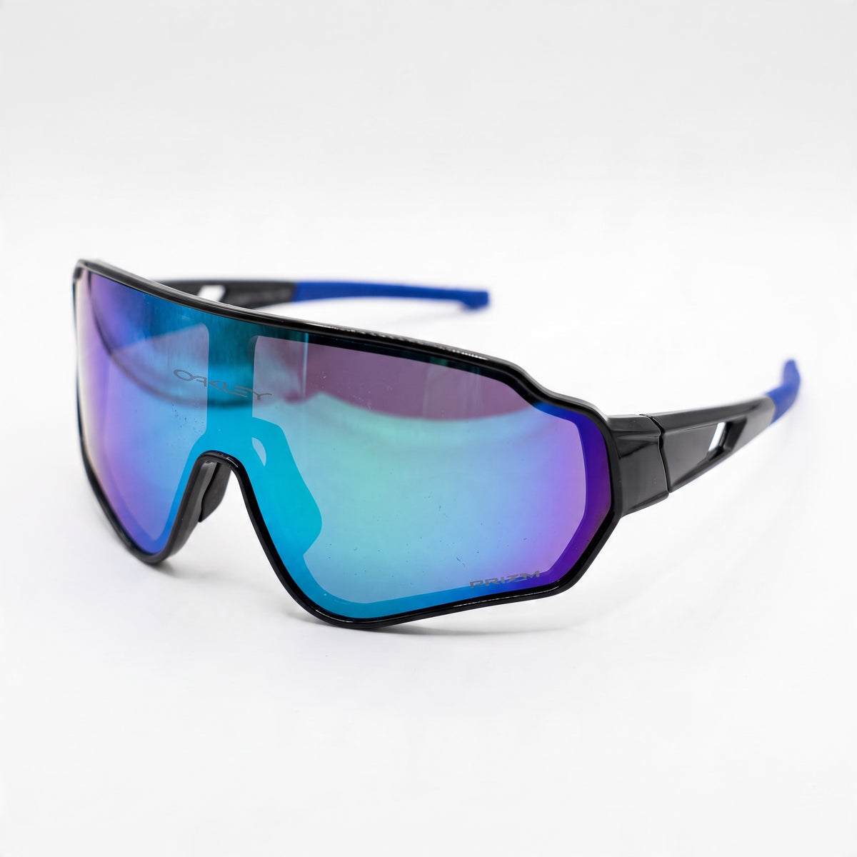 Oakley black frame sunglasses with blue-purple Prizm single lens and blue temple tips