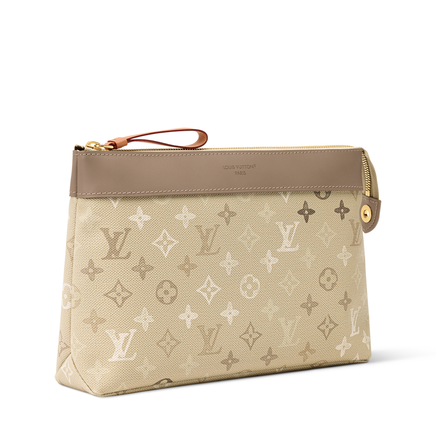 Louis Vuitton beige monogram zipper pouch with tan trim and wrist strap