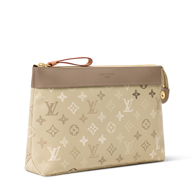 Louis Vuitton beige monogram zipper pouch with tan trim and wrist strap