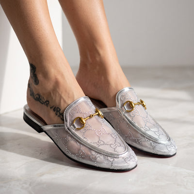 silver Gucci mesh horsebit mule with gold horsebit and red sole