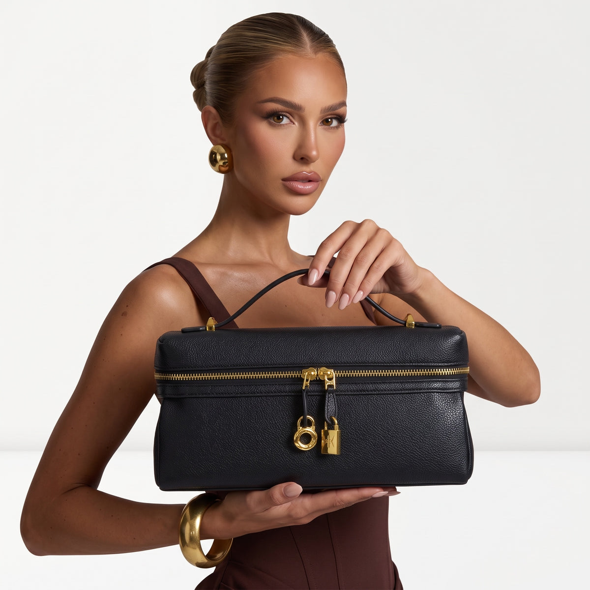 Saint Laurent small black vanity case with top handle and gold padlock charm