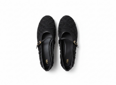 Zara Embellished Mary Jane Ballet Flats – Midnight Black Edition 🖤✨
