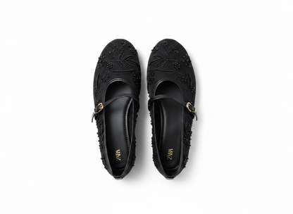 Zara Embellished Mary Jane Ballet Flats – Midnight Black Edition 🖤✨