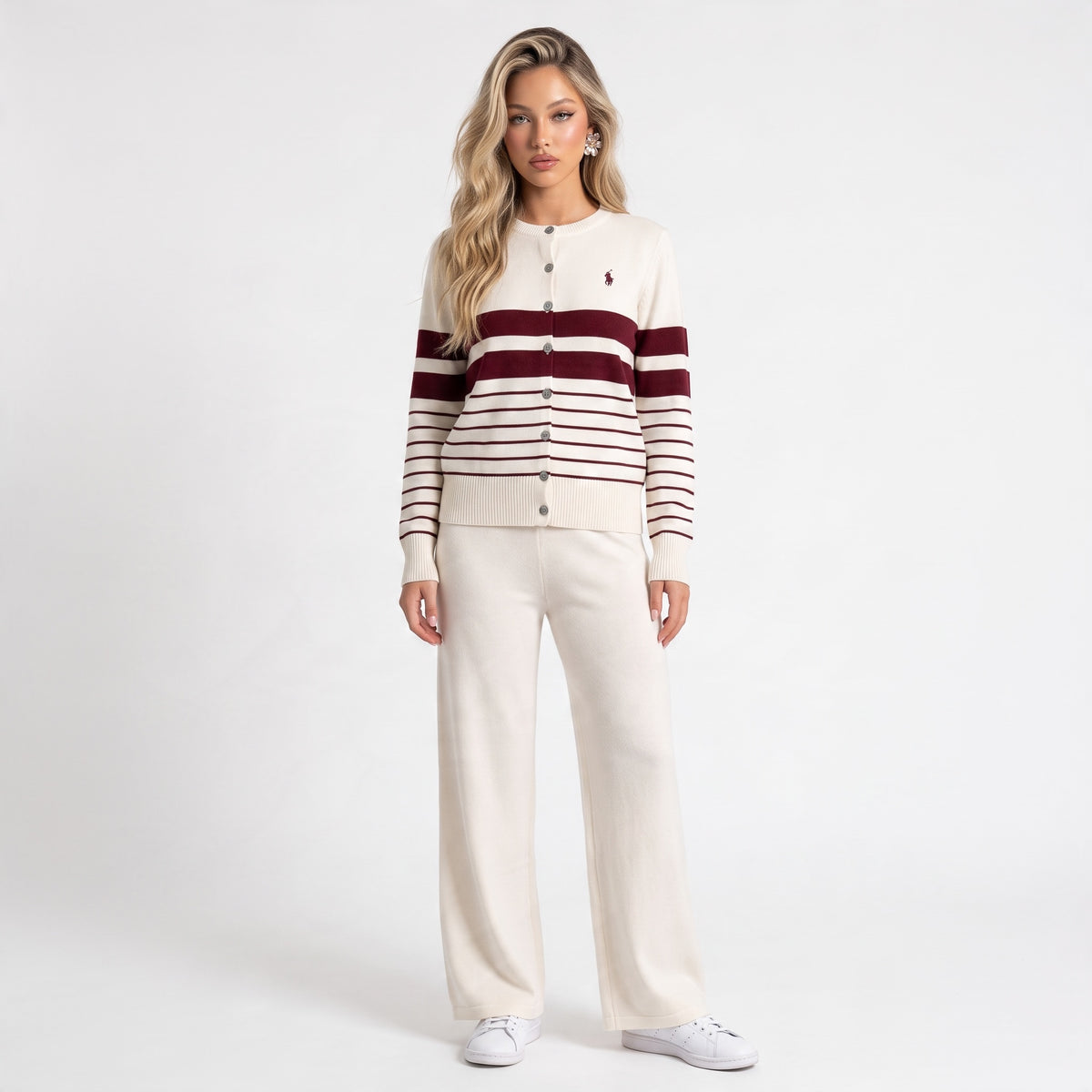 Ralph Lauren cream cardigan with burgundy stripes and embroidered pony logo