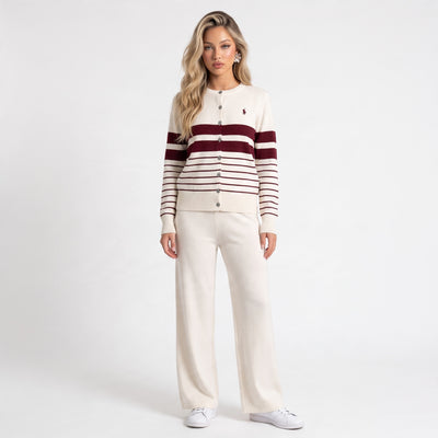 Ralph Lauren cream cardigan with burgundy stripes and embroidered pony logo