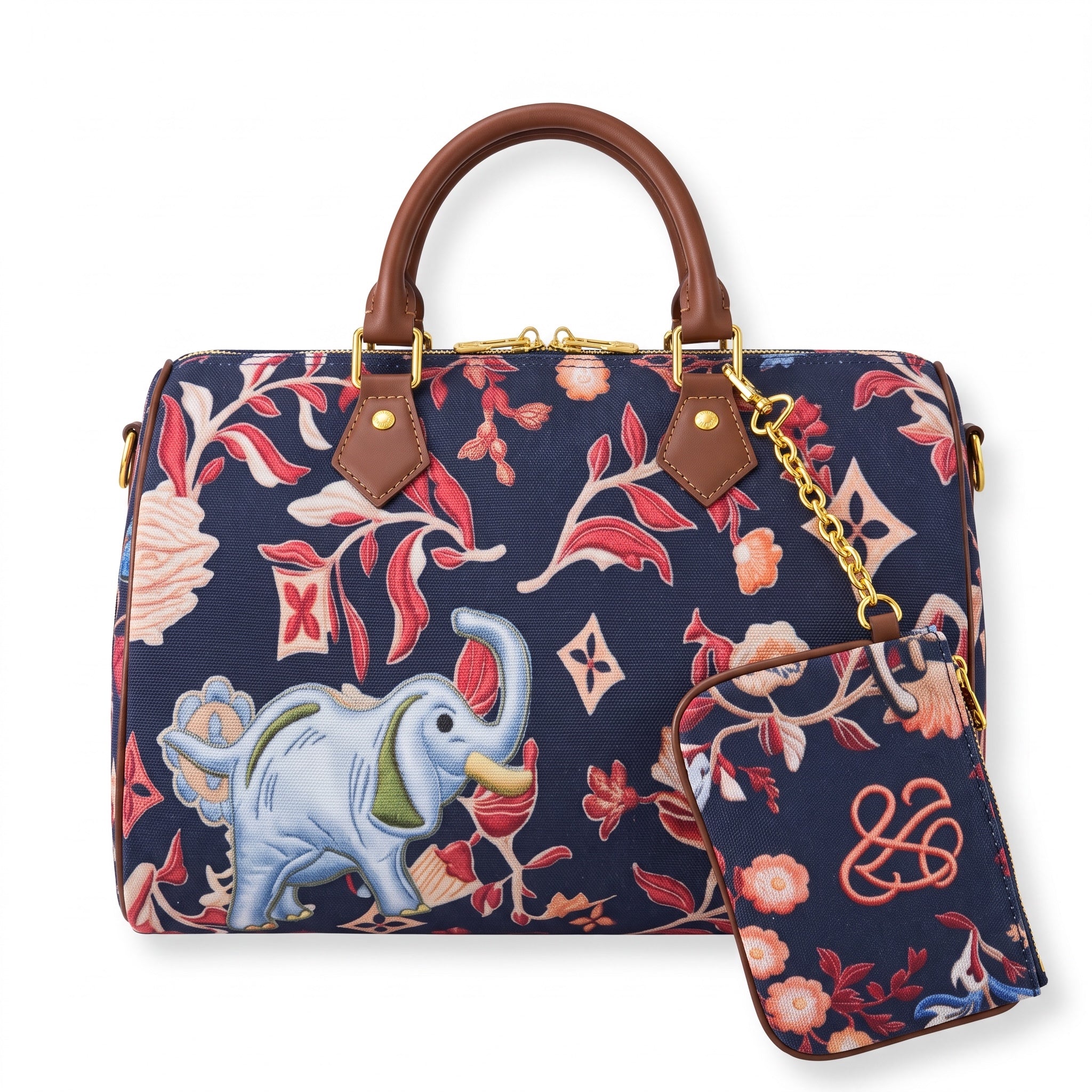 Navy floral top-handle satchel with brown handles, gold chain and elephant motif