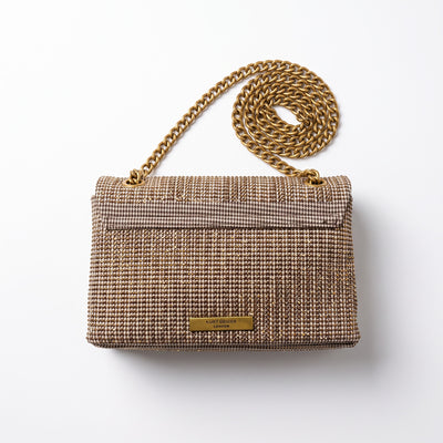 Kurt Geiger brown tweed shoulder bag with antique gold chain and snake head clasp