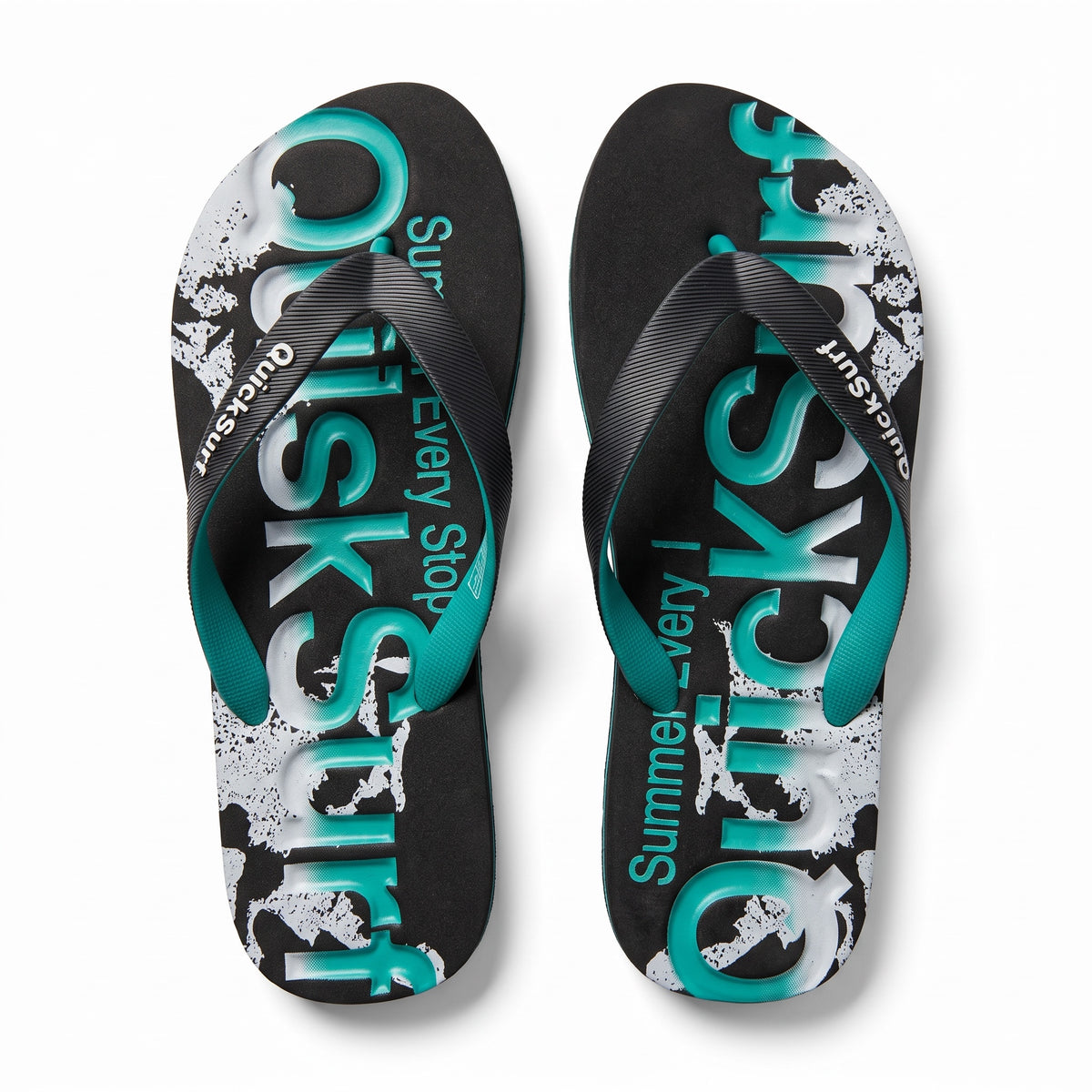 QuickSurf black and teal flip flops with graphic footbed and textured strap