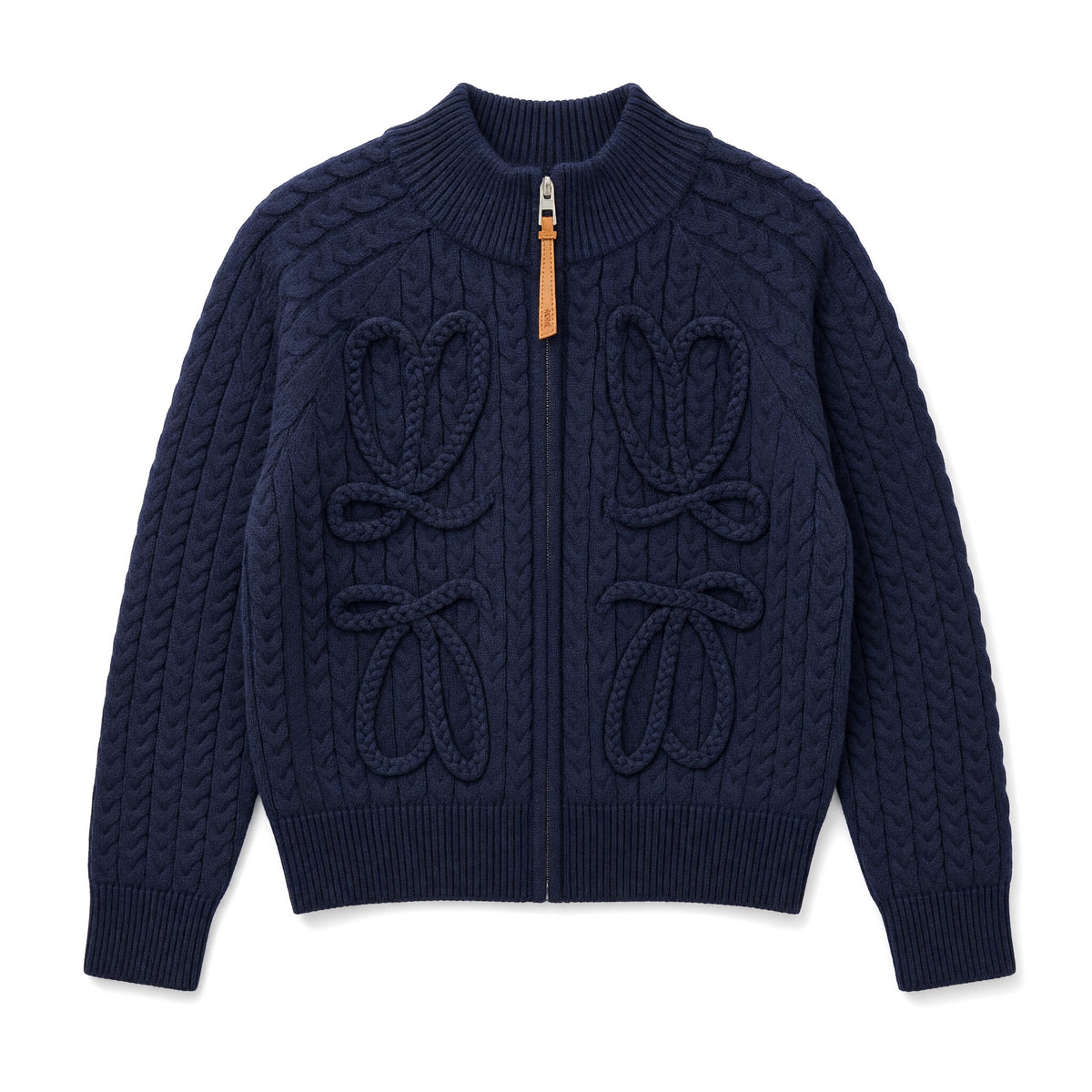 Navy cable-knit zip jacket with braided bow details and leather zipper pull