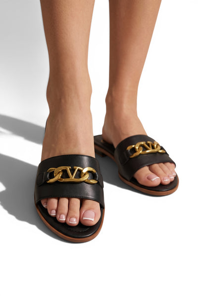 Valentino VLogo Black Slide Sandals 🖤✨ Gold Chain Edition