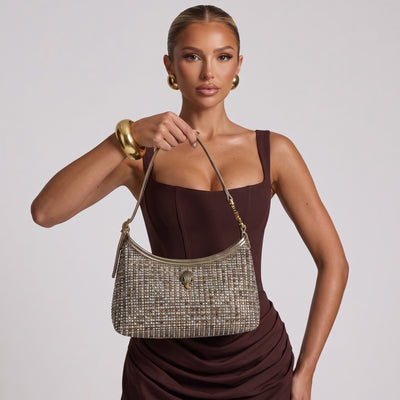 Kurt Geiger gold crystal-embellished hobo shoulder bag with signature hardware
