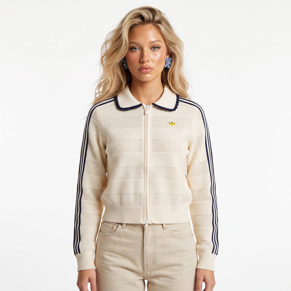 Cream Adidas knit zip track jacket with navy three stripes and scalloped trim