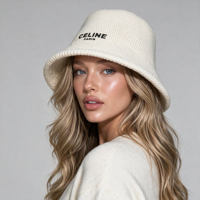 Cream textured knit CELINE PARIS bucket hat with printed logo