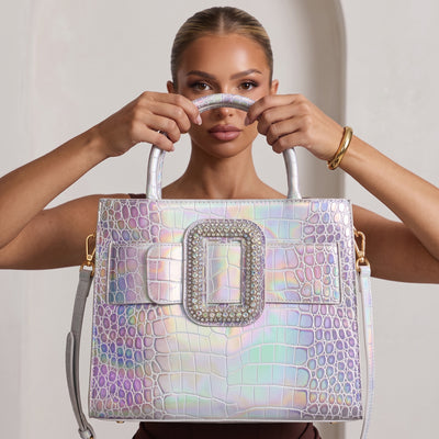 Iridescent croc-embossed tote with crystal buckle and detachable strap