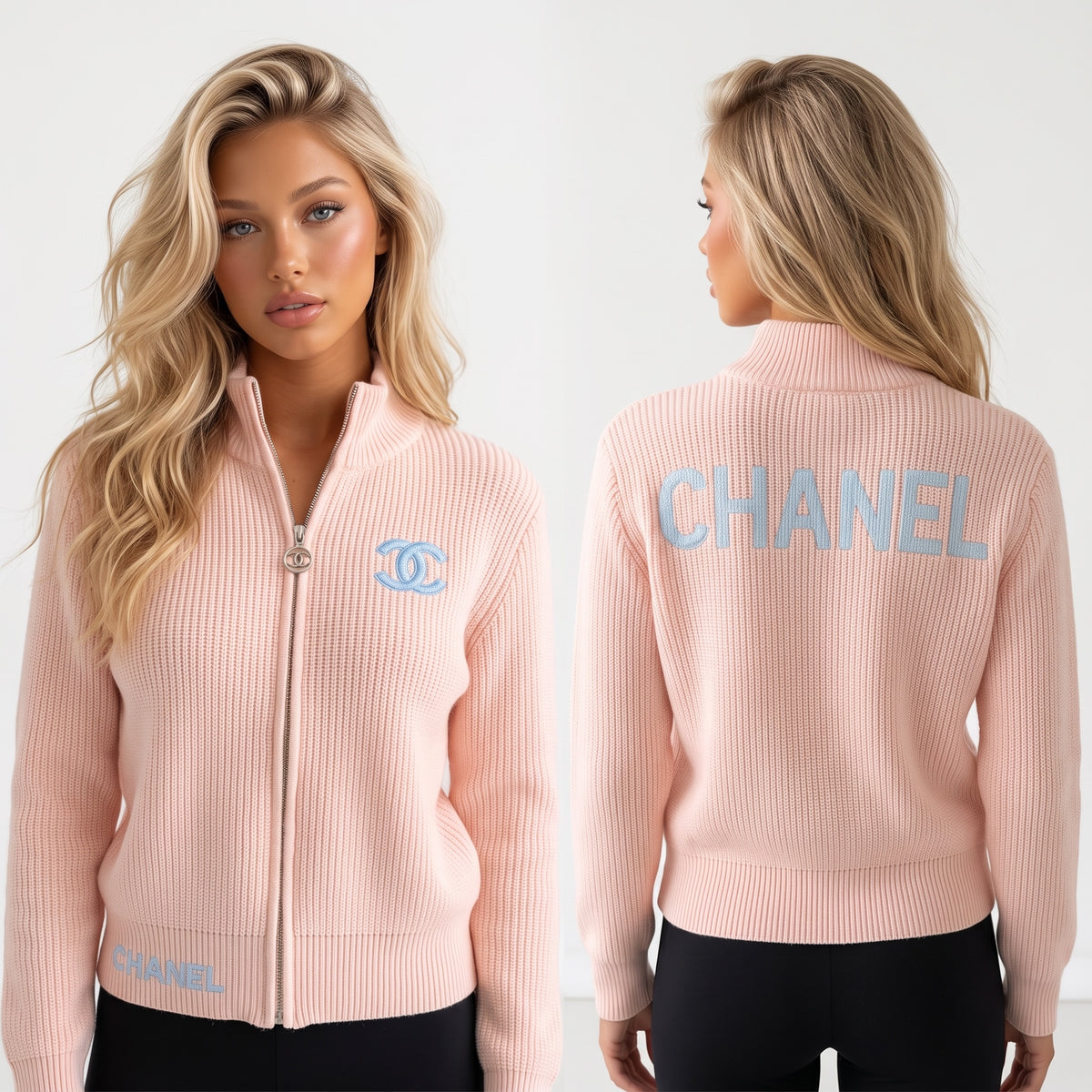 pink Chanel zip knit jacket with CC logo on chest and CHANEL lettering on back