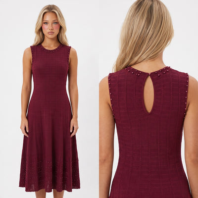 Sleeveless burgundy midi dress with pearl trim and keyhole back