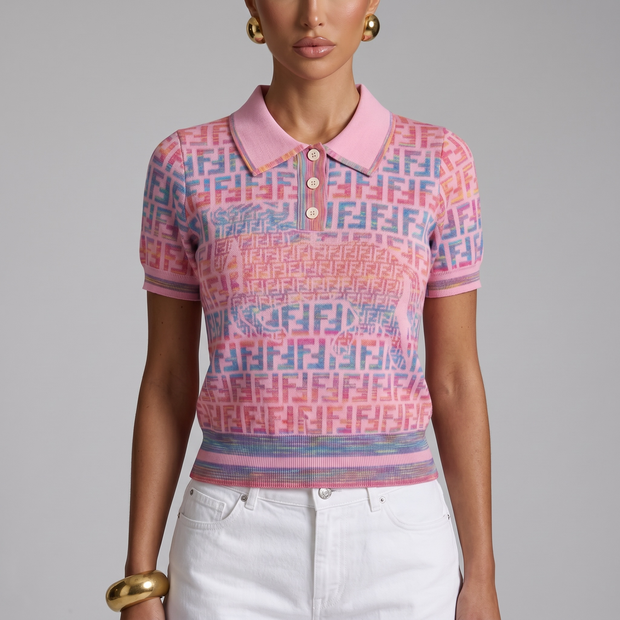 💖 Fendi Pastel FF Monogram Knit Polo Top