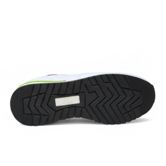 Lee Cooper white sneaker with neon green and black accents shown from side, top, back and sole