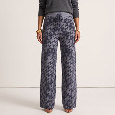 Fendi blue grey knit wide-leg pants with all-over FF logo and drawstring waist