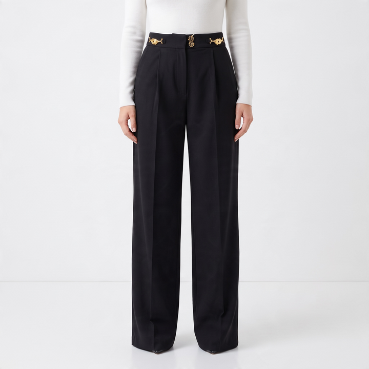Schiaparelli Trousers – Black Wide‑Leg Gold Trim