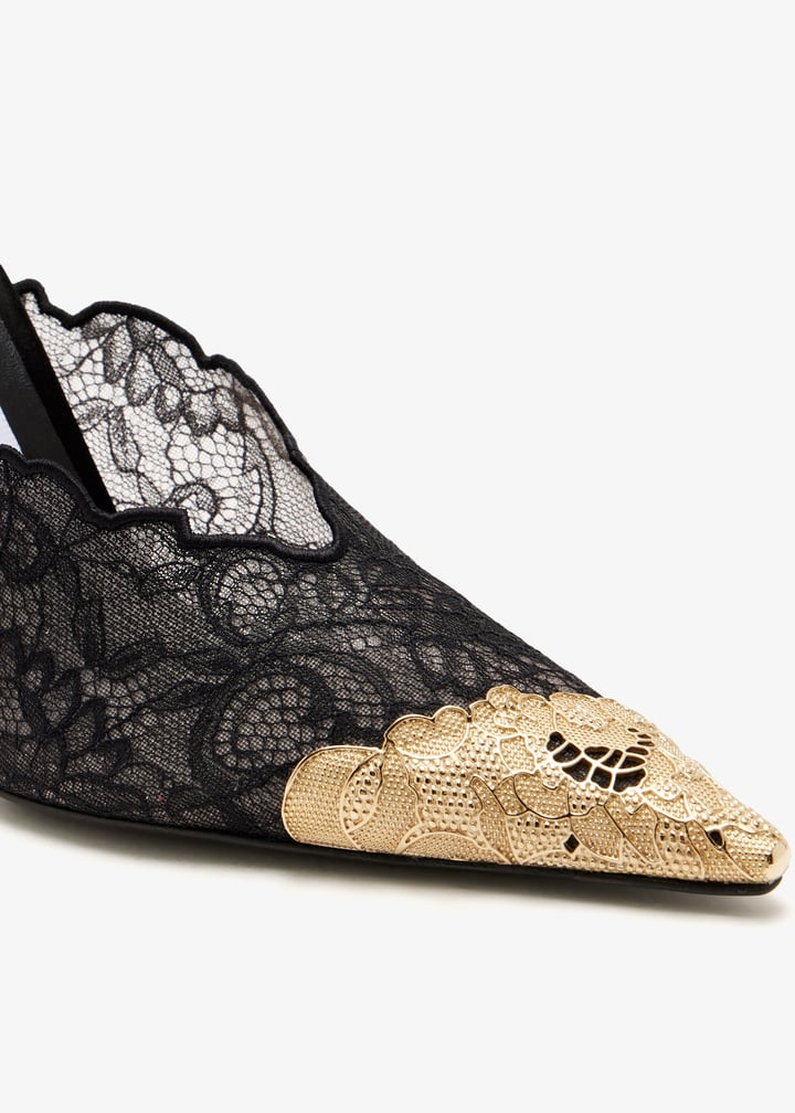 Jimmy Choo – Black Lace Slingback Pumps Gold Toe ✨9cm