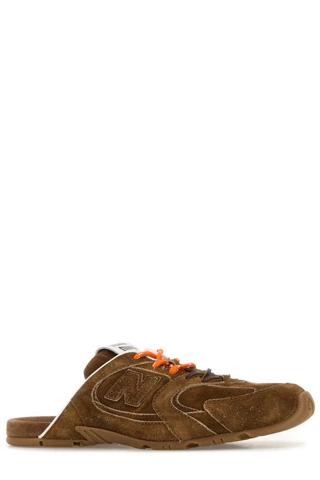 brown suede Miu Miu open-back mule sneaker with orange laces and branded tongue