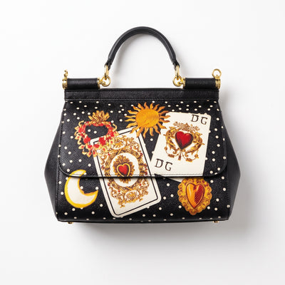 Dolce&Gabbana black Sicily top-handle bag with polka dot and tarot card print, gold hardware