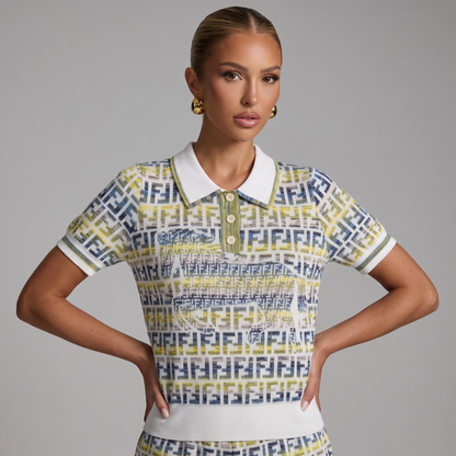 💚 Fendi FF Monogram Knit Polo Top – Sage Green Edition