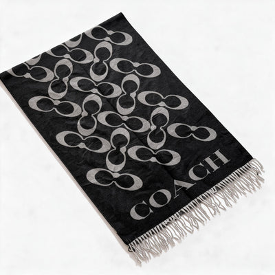 Black Coach scarf with large grey logo motif and fringe