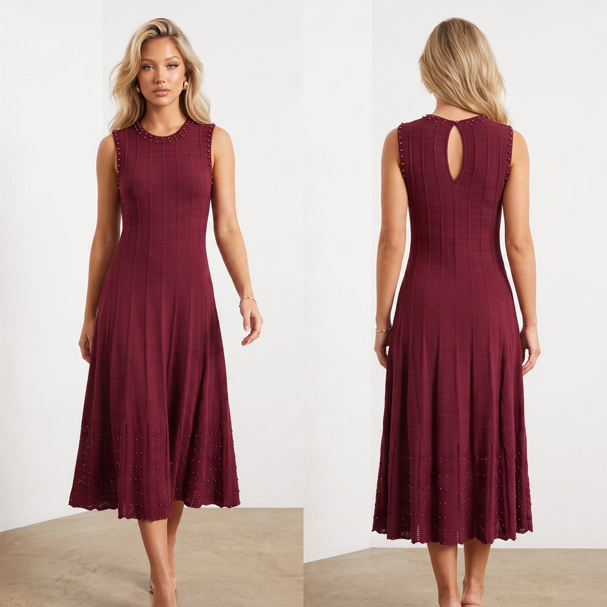 Sleeveless burgundy midi dress with pearl trim and keyhole back